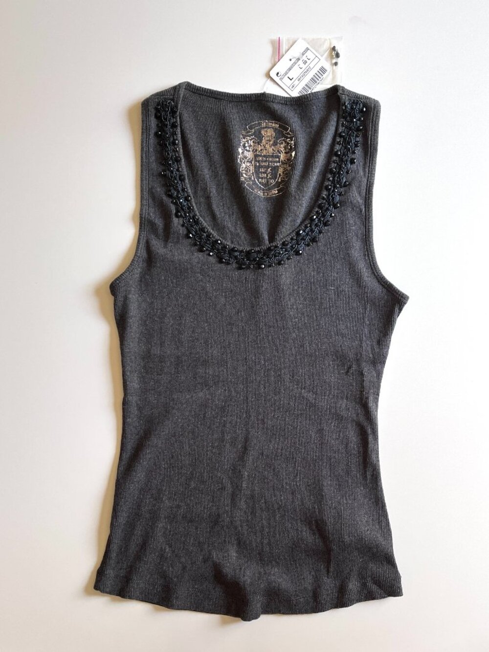 NWT Zara Tank Top Womens SML Charcoal Embellished Round Neck Ribbed Jersey Knit